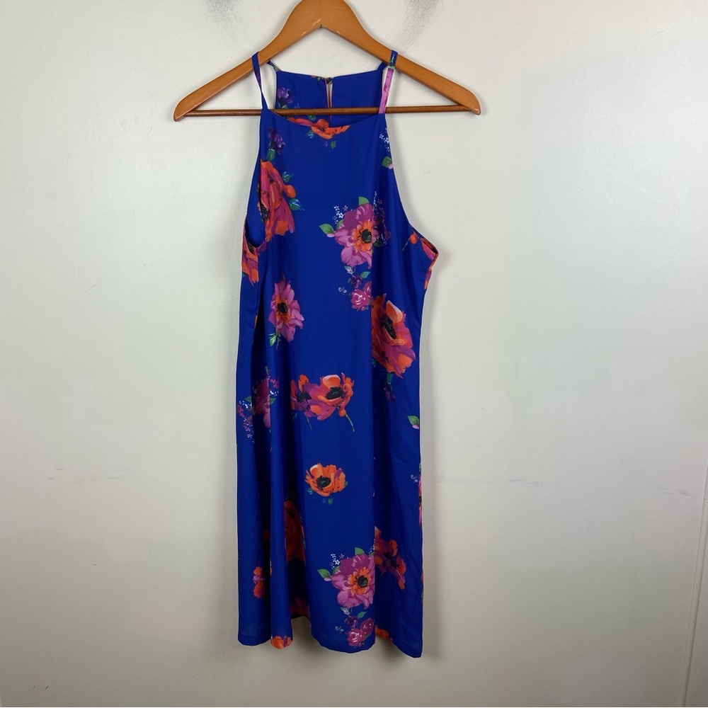 Royal Blue Orange Pink Floral Mock Halter‎ Neck Lightweight Dress Size Medium